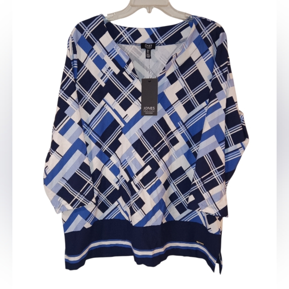 Jones New York Women's Navy and White Geometric Blouse